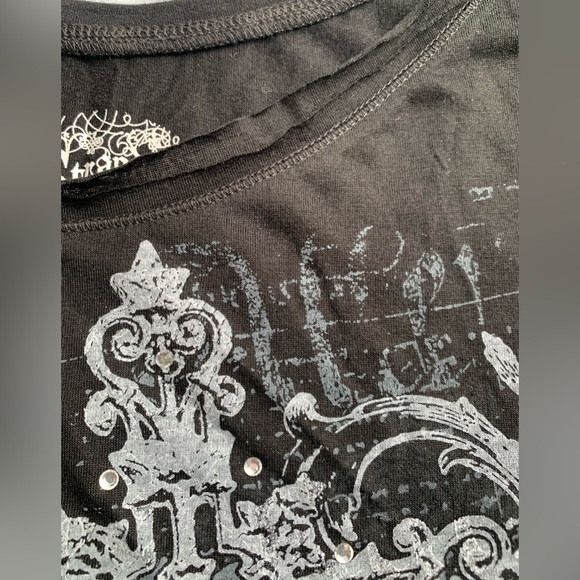 STRANDED wide neck goth 3/4 sleeve black T shirt, polyester & rayon XL - Picture 9 of 10